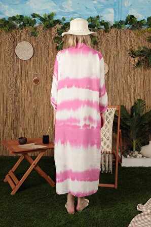 Dijital Baskı Detaylı ve Uzun Kollu Gömlek Yakalı Viskon Kumaşlı Kadın Elbise Fuşya Yaz / Bahar