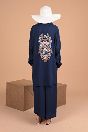 Sırt ve Kolları Nakış Detaylı  Gömlek Yakalı Viskon Kumaşlı Kadın Takım (2Parça) Lacivert Yaz/Bahar