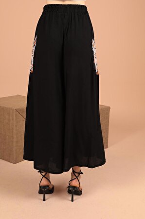 Sırt ve Kolları Nakış Detaylı  Gömlek Yakalı Viskon Kumaşlı Kadın Takım ( 2 Parça ) Siyah Yaz/Bahar