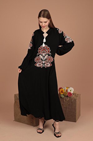 Önü ve Kolları Nakış Detaylı  Uzun Kollu Bol Kalıplı Viskon Kumaşlı Kadın Elbise Siyah Yaz / Bahar