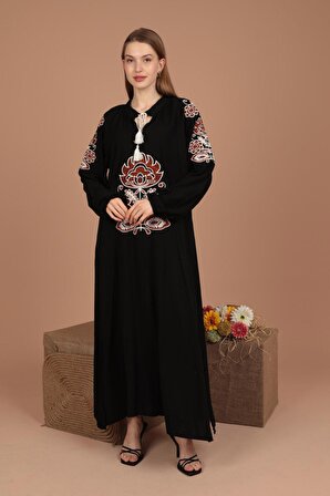 Önü ve Kolları Nakış Detaylı  Uzun Kollu Bol Kalıplı Viskon Kumaşlı Kadın Elbise Siyah Yaz / Bahar