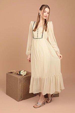 Yakası Güpür Detaylı V Yakalı Uzun Kollu Düz Kalıplı Şifon Kumaşlı Kadın Elbise  Bej Yaz / Bahar