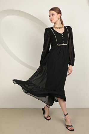 Yakası Güpür Detaylı V Yakalı Uzun Kollu Düz Kalıplı Şifon Kumaşlı Kadın Elbise Siyah Yaz / Bahar 