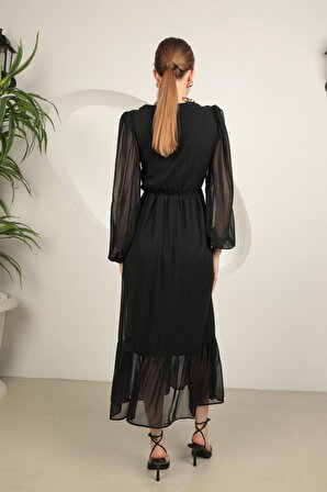 Yakası Güpür Detaylı V Yakalı Uzun Kollu Düz Kalıplı Şifon Kumaşlı Kadın Elbise Siyah Yaz / Bahar 