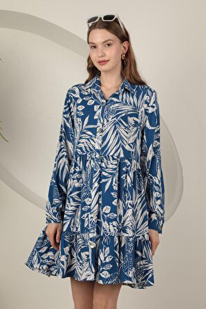 Yaprak Desenli ve Uzun Kollu Viskon Kumaşlı Gömlek Yakalı Kadın Kısa Elbise Mavi Yaz Bahar