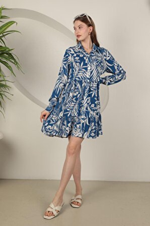 Yaprak Desenli ve Uzun Kollu Viskon Kumaşlı Gömlek Yakalı Kadın Kısa Elbise Mavi Yaz Bahar
