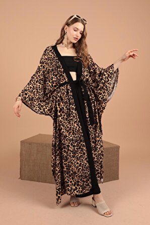Leopar Desenli ve Şal Yakalı Uzun Kollu Viskon Kumaşlı Kadın Rahat Kimono Karma Renkli 