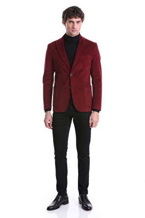 Bordo Slim Fit Düz Mono Yaka Pamuklu Kadife Ceket | 48