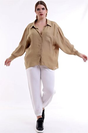Yakalı Uzun Kollu Büyük Beden Salaş Gömlek Bel Büzgülü Cepli Pantolon Takım