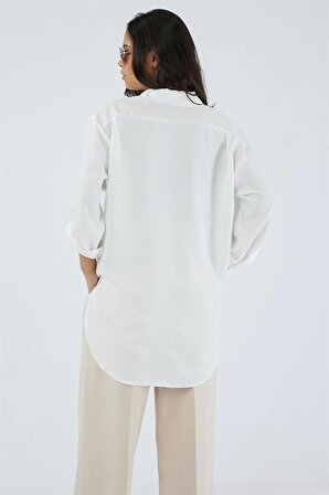 Katlamalı Uzun Kol Sedef Düğmeli Arkası Uzun Rahat ve Bol Kalıp Şık Cool Elegant Keten Tunik Gömlek