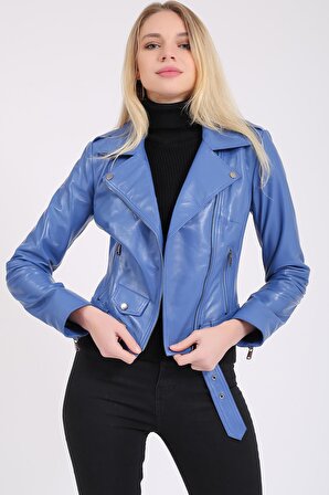 Kadın Mavi Kemerli Deri Biker Ceket