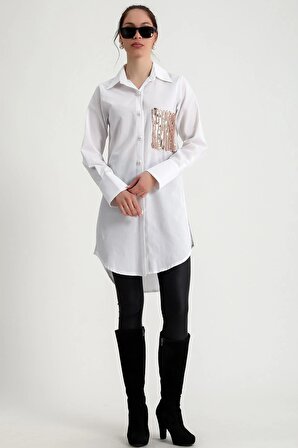 Pul Payet Cep ve Manşet Detaylı Uzun Kol Düğmeli Rahat Kalıp Yanları Yırtmaçlı Tunik Gömlek