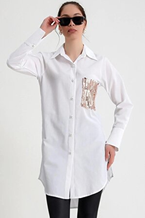 Pul Payet Cep ve Manşet Detaylı Uzun Kol Düğmeli Rahat Kalıp Yanları Yırtmaçlı Tunik Gömlek