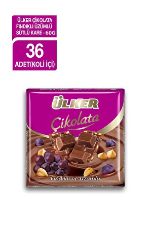 Ülker Kare Çikolata Üzümlü Fındıklı Sütlü 60 Gr x 36 Adet