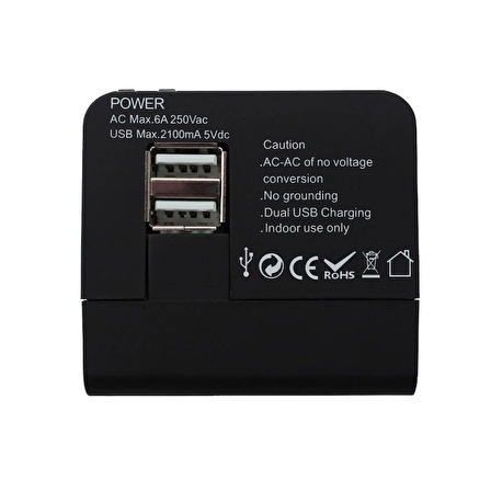 Evrensel Priz-fiş Çevirici Seyahat Adaptörü 2 Usb - Universal Travel Adapter All-in-one siyah