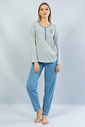 Kadın Mavi Pamuklu Yakası Düğmeli Uzun Kol Pijama Takım
