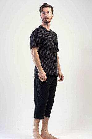 Erkek Siyah Pamuklu Cepli Kapri Pijama Takımı