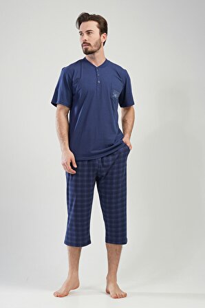 Erkek Saks Pamuklu Cepli Kapri Pijama Takımı