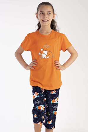 Kız Çocuk Somon Pamuklu Kısa Kol Kaprili Pijama Takım
