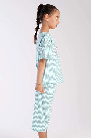 Kız Çocuk Mint Pamuklu V Yaka Düşük Omuzlu Kısa Kol Kaprili Pijama Takım
