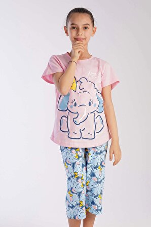 Kız Çocuk Açık Pembe Pamuklu Kısa Kol Kaprili Pijama Takım
