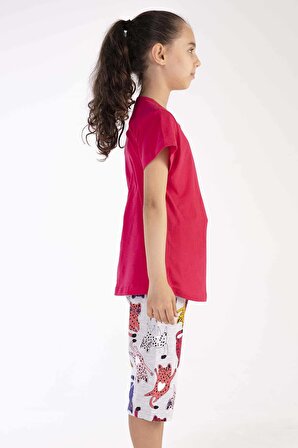 Kız Çocuk Nar Çiceği Pamuklu Kısa Kol Kaprili Pijama Takım

