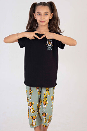 Kız Çocuk Siyah Pamuklu Kısa Kol Kaprili Pijama Takım
