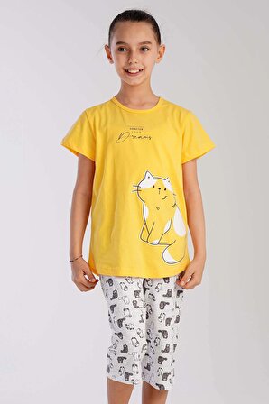 Kız Çocuk Sarı Pamuklu Kısa Kol Kaprili Pijama Takım
