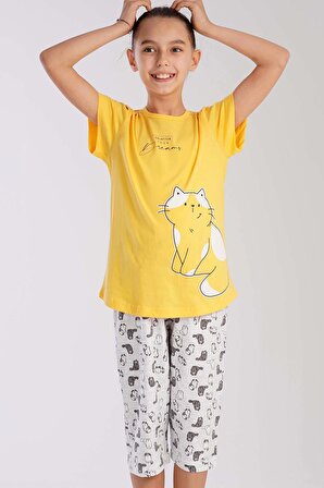 Kız Çocuk Sarı Pamuklu Kısa Kol Kaprili Pijama Takım
