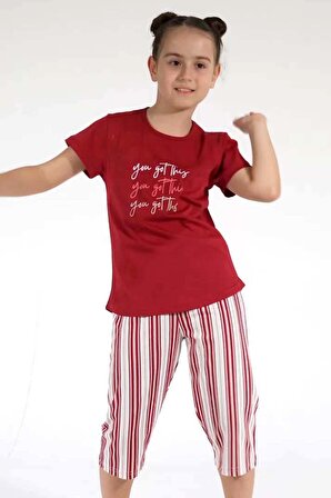 Kız Çocuk Bordo Pamuklu Kısa Kol Kaprili Pijama Takım

