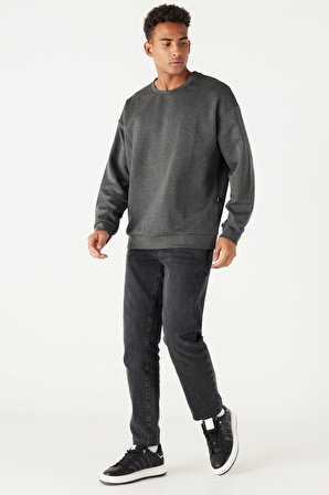 Erkek Antrasit-melanj Oversize Bol Kesim Bisiklet Yaka Düz Sweatshirt