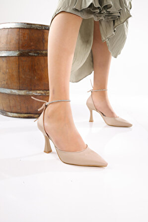 Bilekten Bağlamalı Taş Detaylı Topuklu Ayakkabı BEJ Orta Topuklu(5-9 cm)