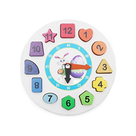 Zhltoys Ahşap Tavşan Geometrik Saat Oyuncak Bultak Renkli Saat