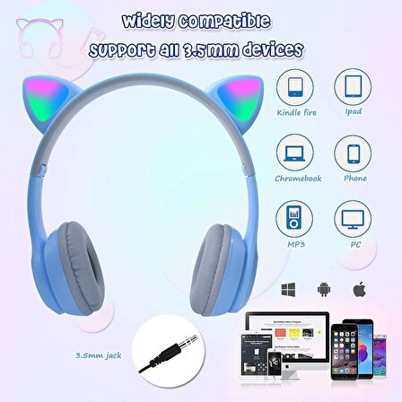 Zhltools Bluetooth 5.0 Kedi Tasarımlı Katlanabilir Kulak Üstü Kulaklık Mavi