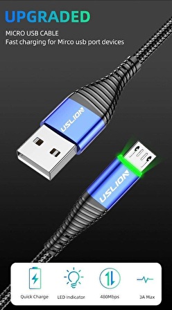 Uslion Ucu Led Işıklı Mikro Usb Telefon Şarj Data Kablosu 2 Metre