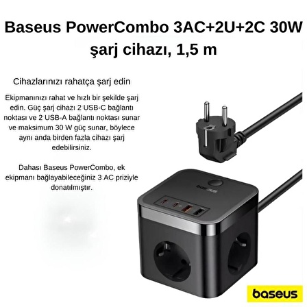 Baseus 7in1 Masaüstü Şarj İstasyonu 30W 1.5Mt  2 USB, 2 Type-C Giriş Ve 3 220V AC Priz Çoğaltıcı