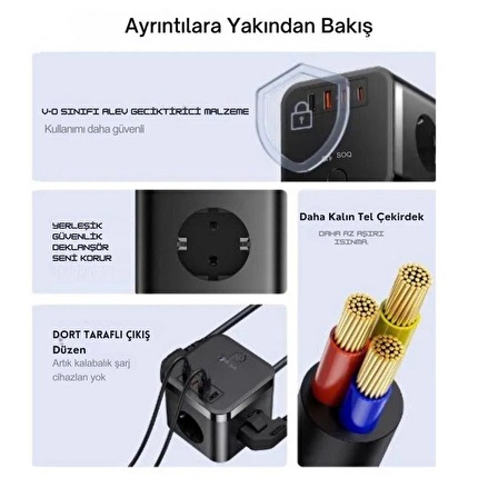 Baseus 7in1 Masaüstü Şarj İstasyonu 30W 1.5Mt  2 USB, 2 Type-C Giriş Ve 3 220V AC Priz Çoğaltıcı