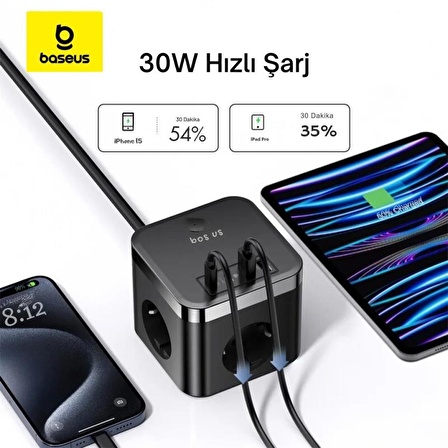 Baseus 7in1 Masaüstü Şarj İstasyonu 30W 1.5Mt  2 USB, 2 Type-C Giriş Ve 3 220V AC Priz Çoğaltıcı