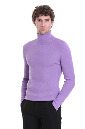 Lila Slim Fit Fitilli Balıkçı Yaka Yünlü Triko Kazak | L