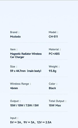 Mcdodo CH-5110 15W Manyetik Wireless Araç Tutucu-Siyah