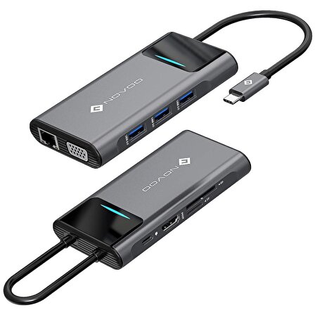 Novoo Type-C to 3*USB-A 3.0 4K HDMI VGA RJ45 PD 100W SD TF Kart Okuyucu HUB