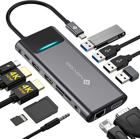 Novoo Type-C to 4*USB-A 2*HDMI VGA RJ45 Ethernet PD 100W AUX TF SD Kart Okuyucu Dönüştürücü