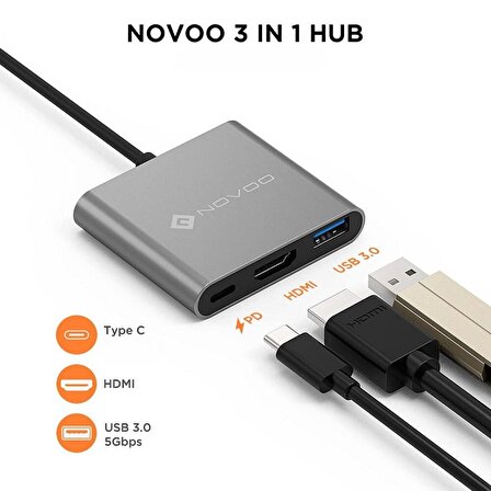 Novoo Type-C to USB-A 3.0 4K HDMI PD 100W Dönüştürücü Adaptör