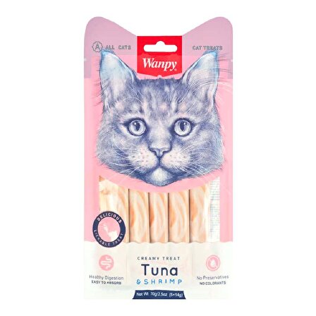 Wanpy Creamy Treat Tuna Karides - Ton Balıklı Krema Yetişkin Kedi Ödülü 5x14 g 