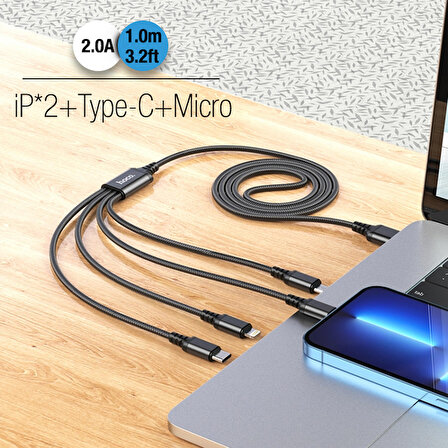 HOCO X76 4in1 Type-C + iPhone Lightning + Micro USB 2A Şarj Kablosu
