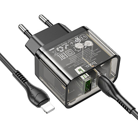 HOCO N34 PD20W USB+Type-C + iPhone Lightning Kablo Hızlı Şarj Adaptör Seti