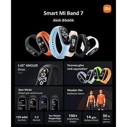 Xiaomi Mi Smart Band 7 Uyku Takibi Nabız Ölçer Spor Su Geçirmez Android iOS iPhone Uyumlu Akıllı Bileklik Saat