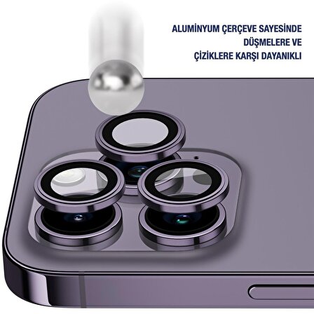 iPhone 14 Pro/14 Pro Max Uyumlu Metal Çerçeve Kamera Lens Koruyucu Mor