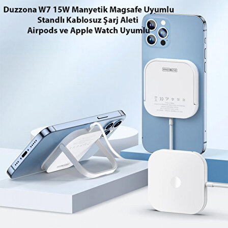 Duzzona W7 15W Manyetik Magsafe Uyumlu Standlı Kablosuz Şarj Aleti-Airpods ve Apple Watch Uyumlu