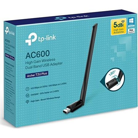 TP-Link Archer T2U PLUS 600 MBPS YÜKSEK KAZANÇLI KABLOSUZ DUAL BAND USB ADAPTÖR